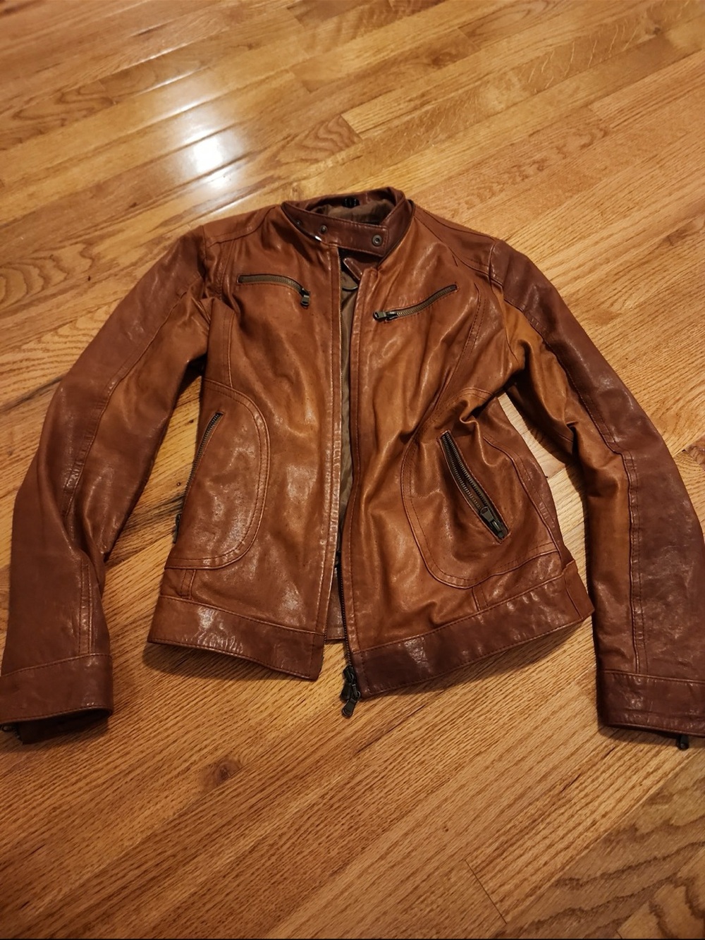 Classic Brown Italian Leather Moto Jacket - Women's Slim Fit, size small